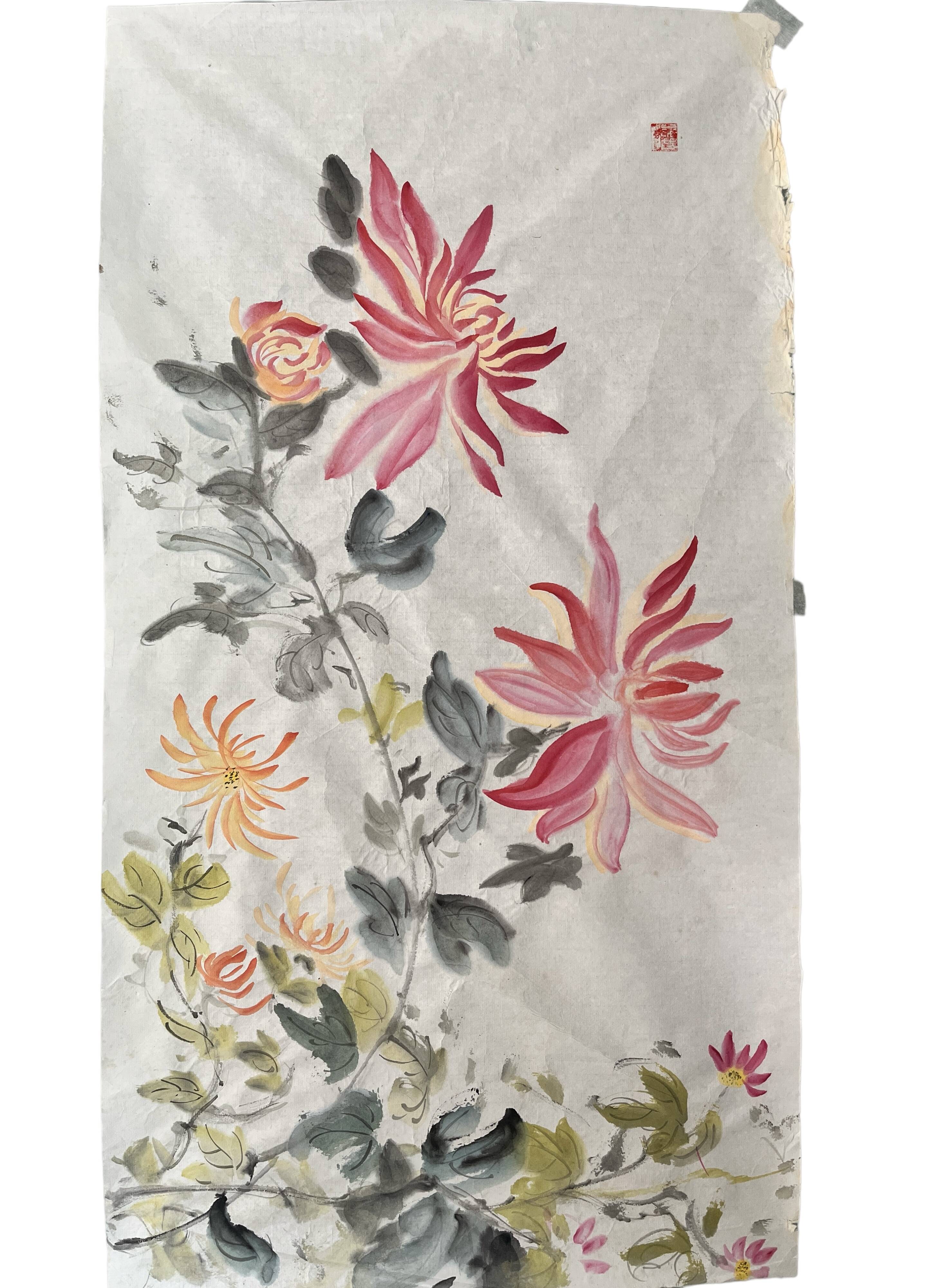 Asia, painting on chrysanthemum rice paper stamp 20th century