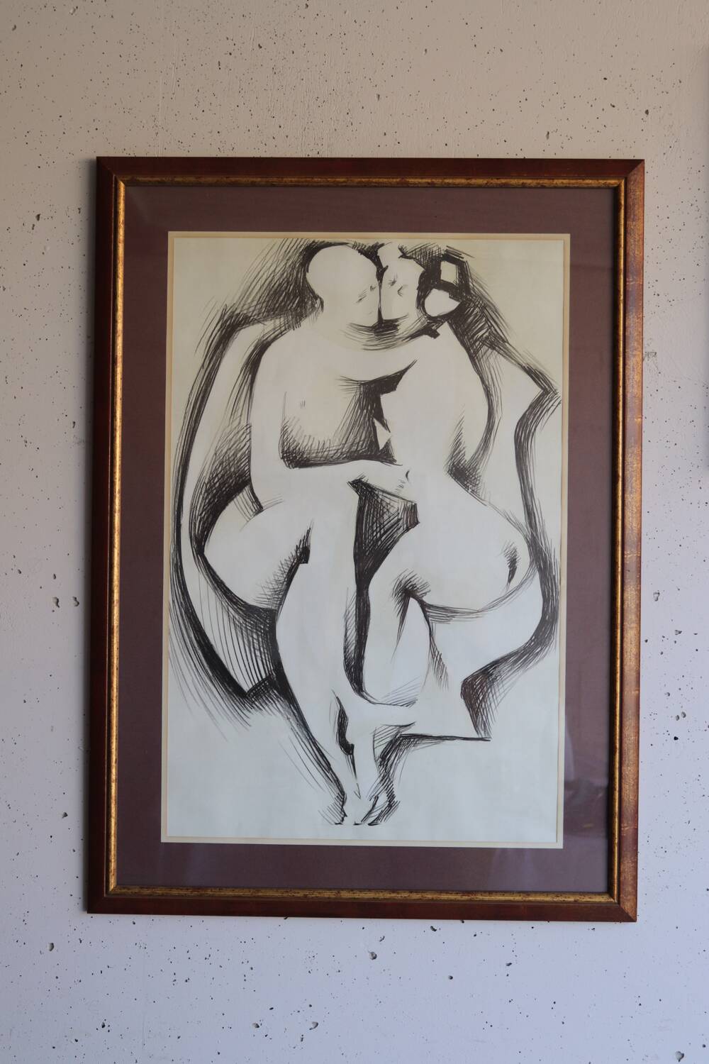 Large framed ink drawing – Embracing couple