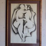 Large framed ink drawing – Embracing couple