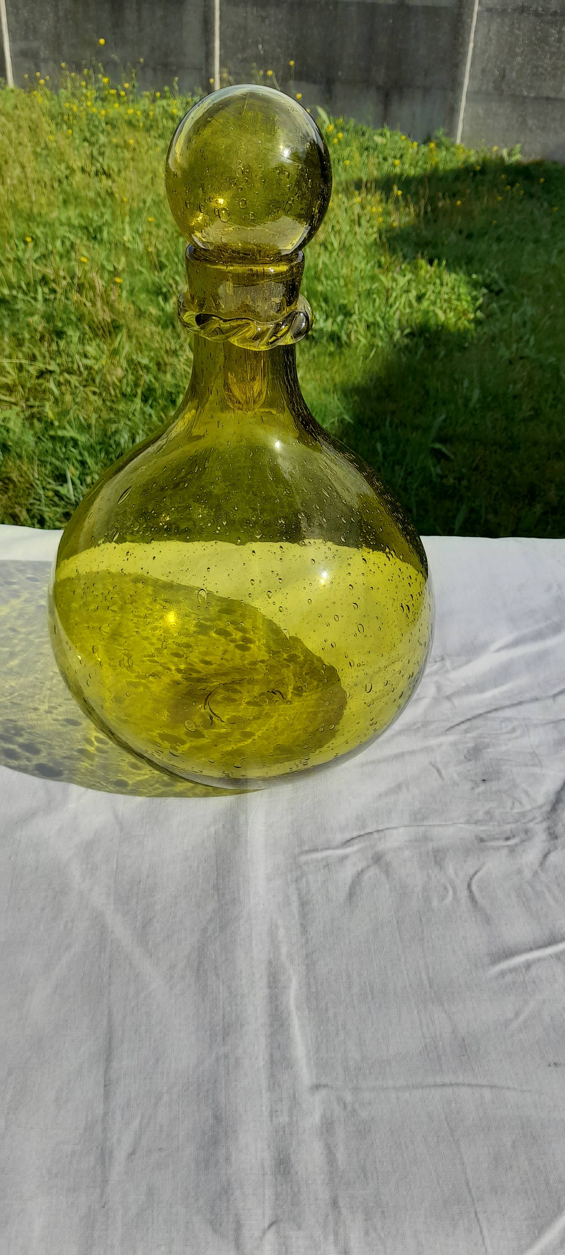 Dame Jeanne en verre bullé verrerie  de Biot vert H 39 cm