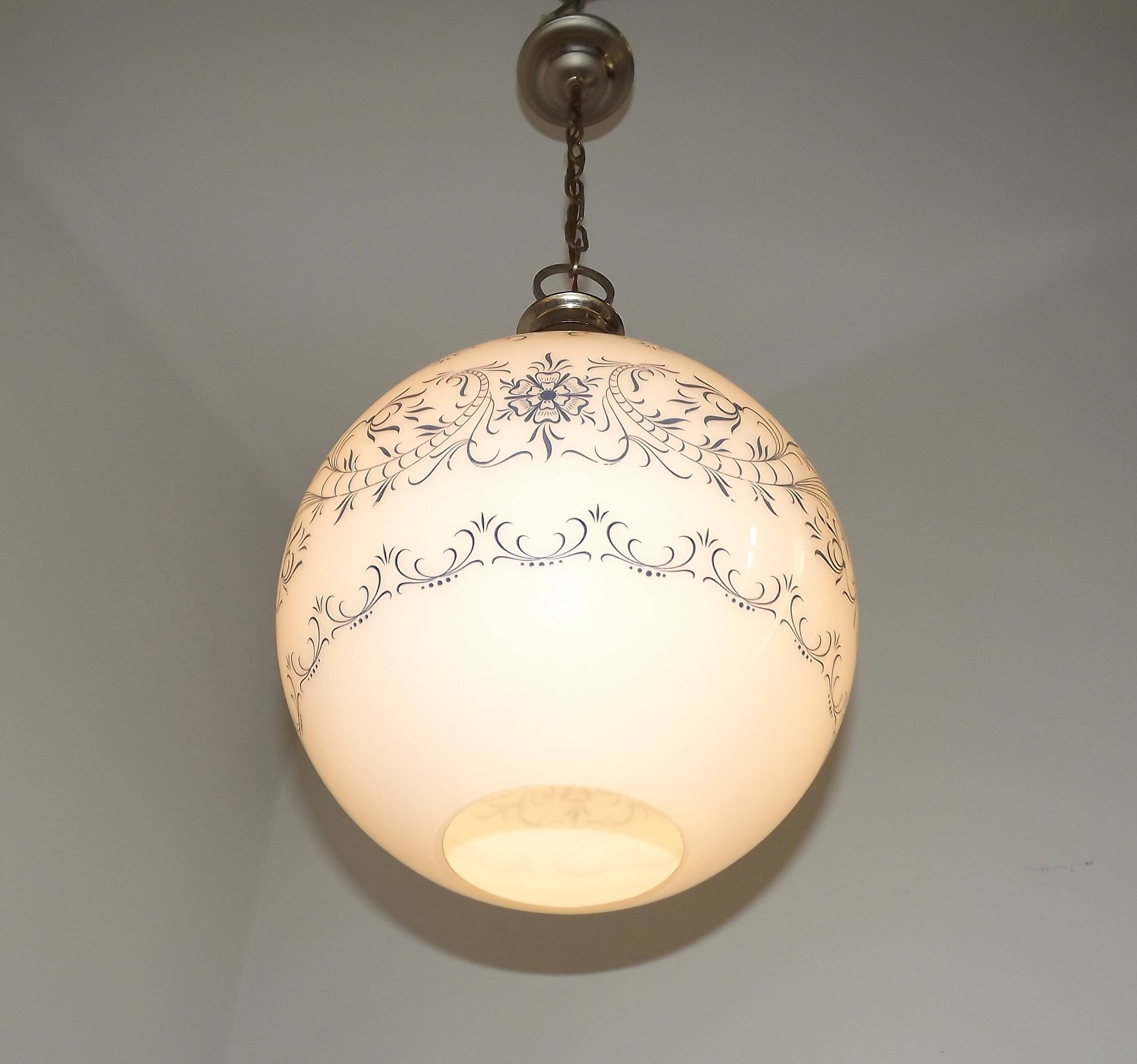 French Mid-Century Globe Pendant, Blue Pattern Shade, Vintage Hanging Light