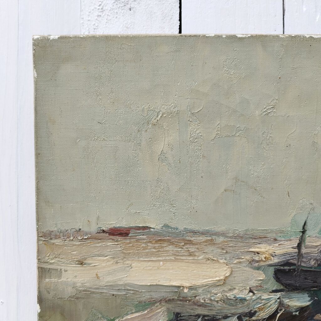 Oil on canvas boats in storm