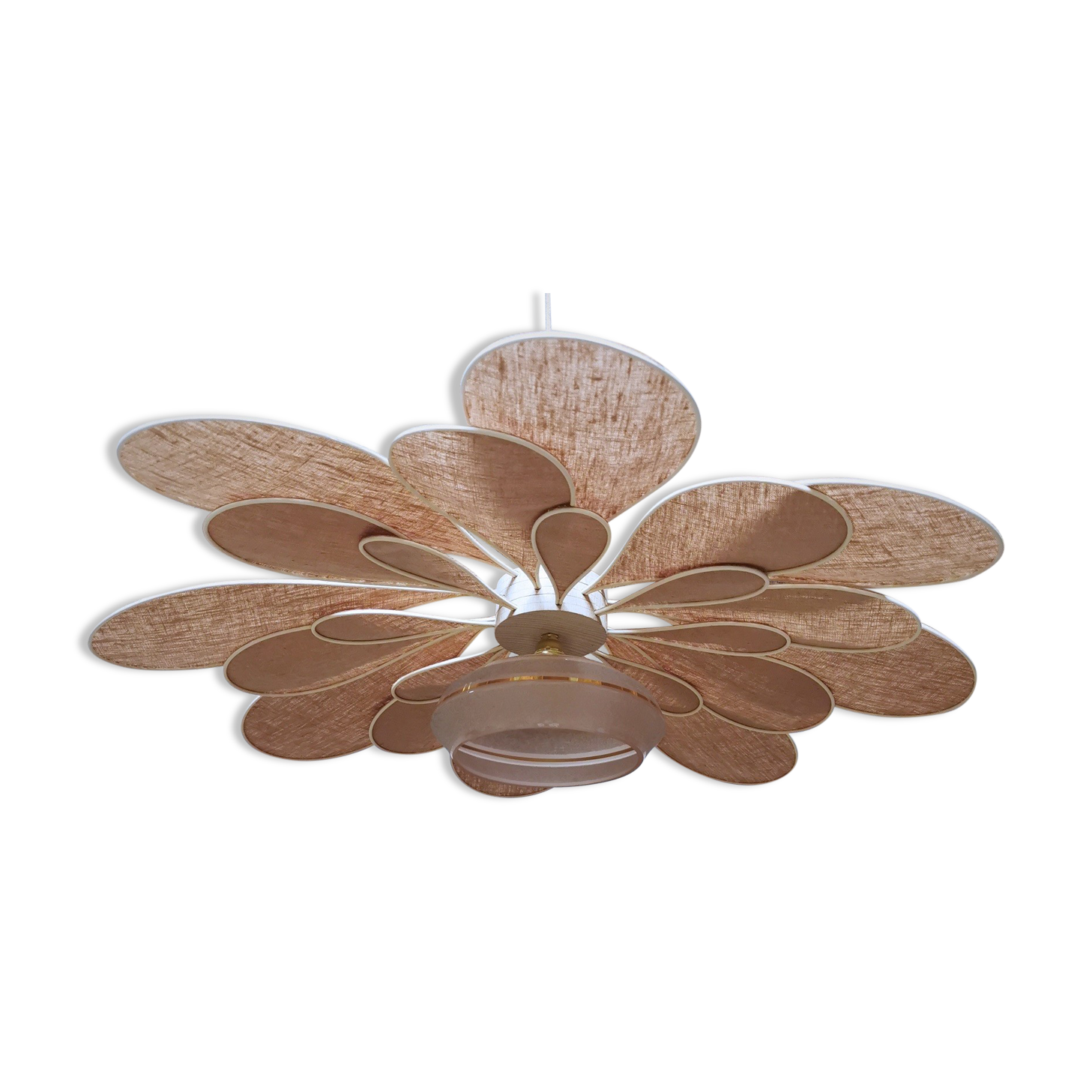 Vintage antique globe pendant lamp and linen and rattan petals