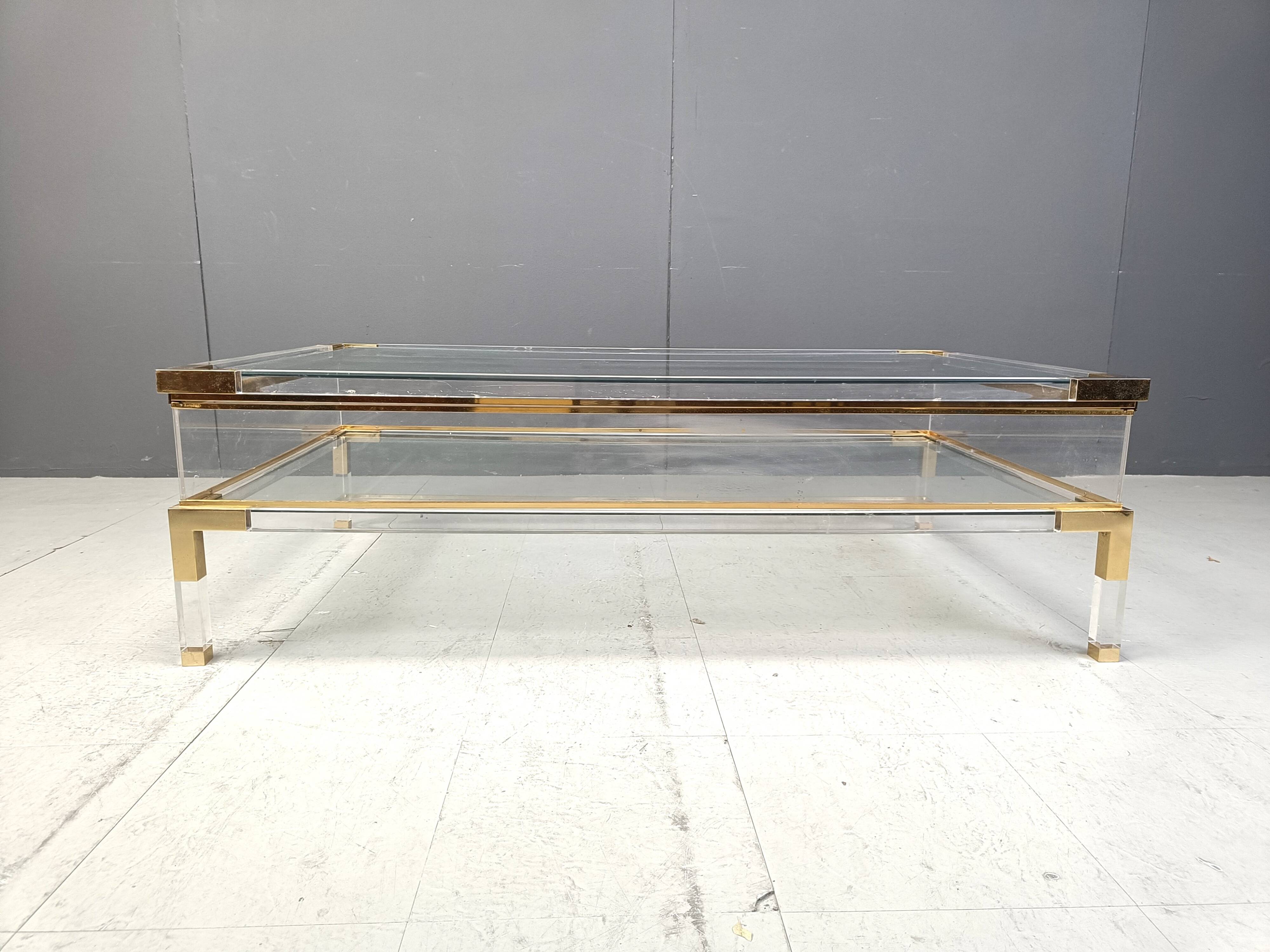 Vintage lucite and brass sliding top coffee table, 1970s