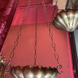 Italian Art Nouveau Hanging Bowl Pendant Lamps or Planters in Hand-Hammered Brass, 1890s, Set of 2