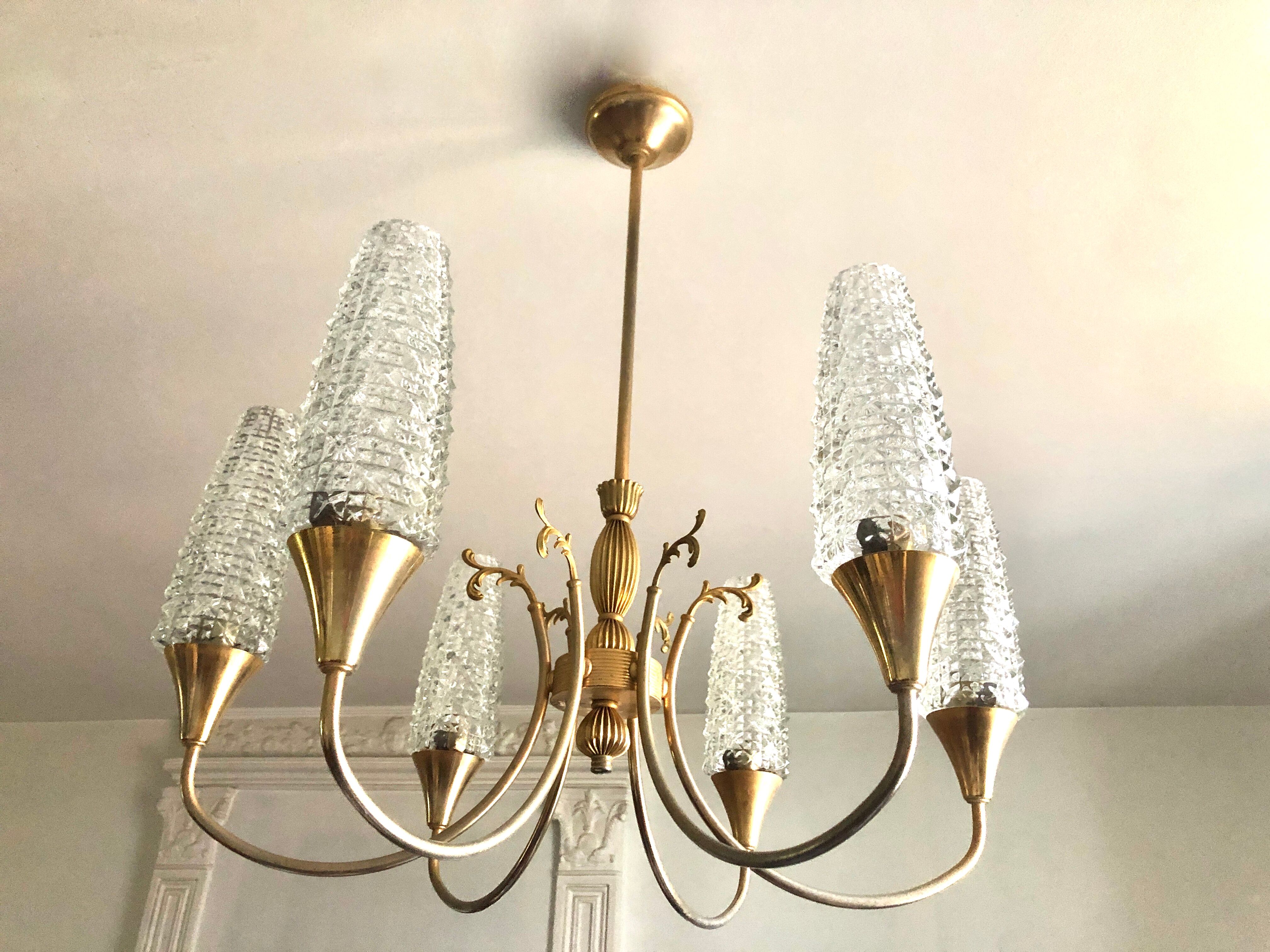 Lustre doré néoclassique 6 tulipes 1960