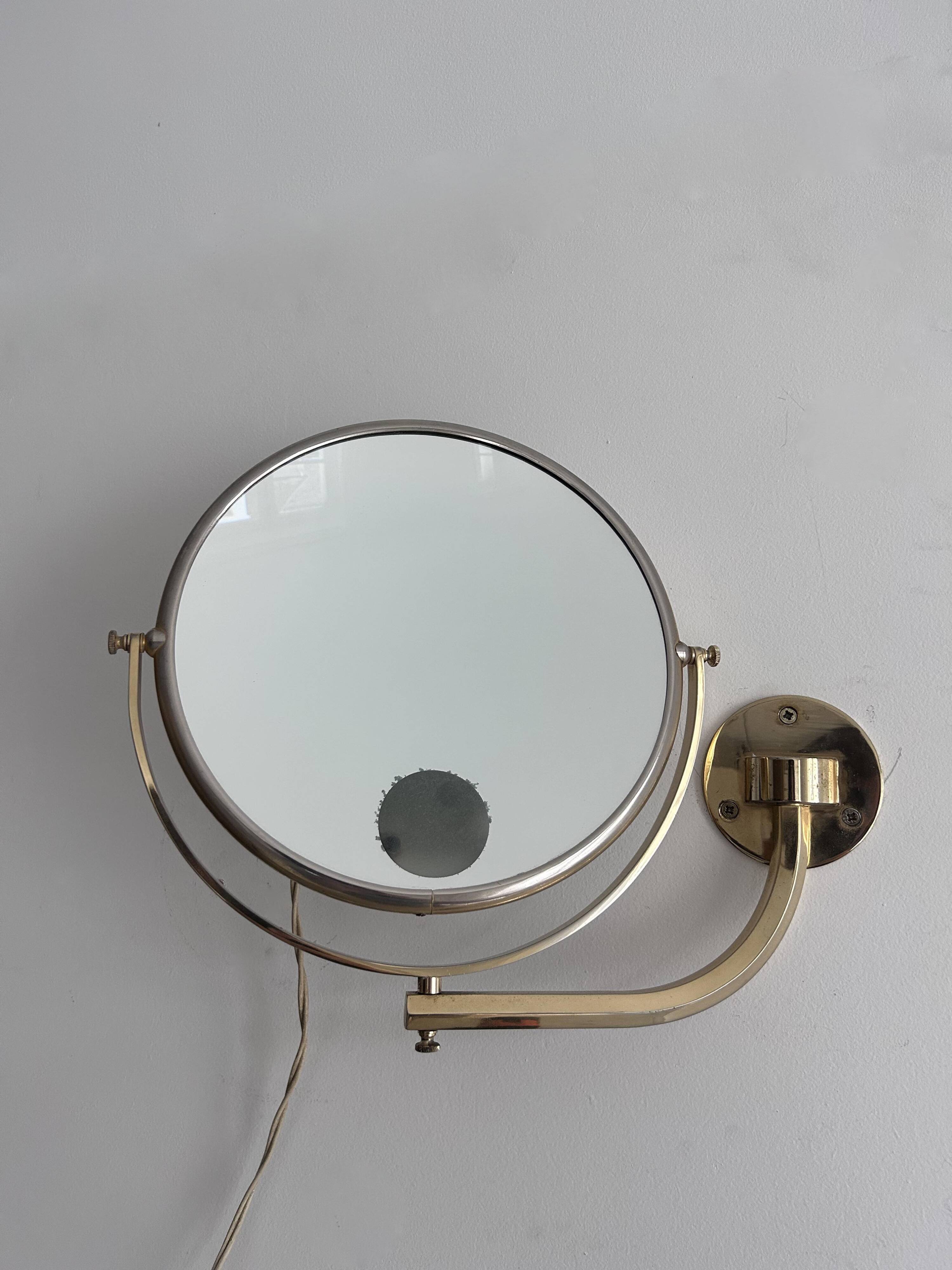Vintage illuminated adjustable brass mirror, Arpin Paris, France 1970