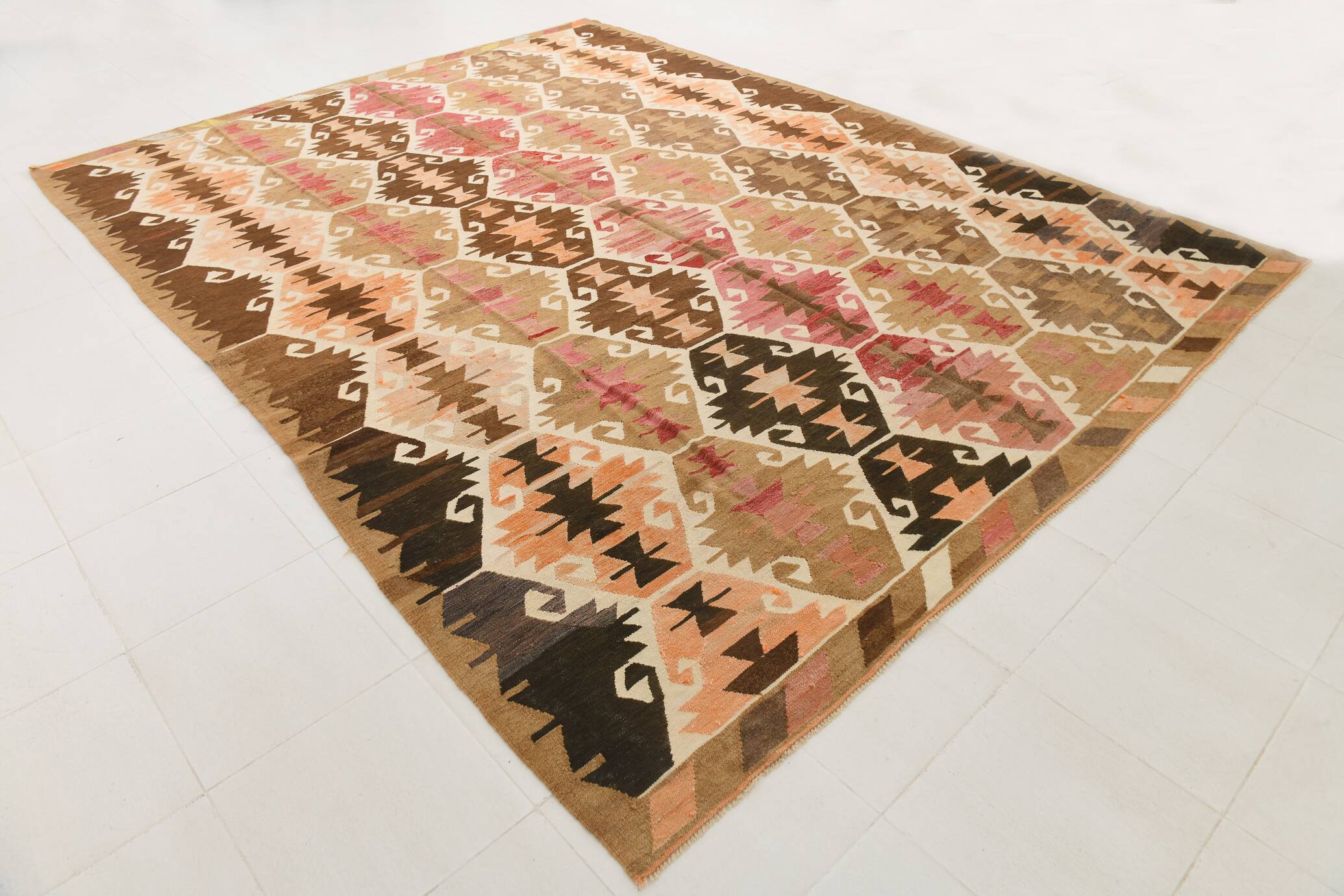 Grand tapis kilim turc vintage, décor bohème multicolore, 289x381 cm