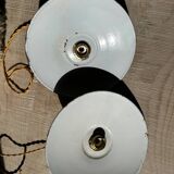Trio of vintage green enamelled sheet metal lampshade pendants