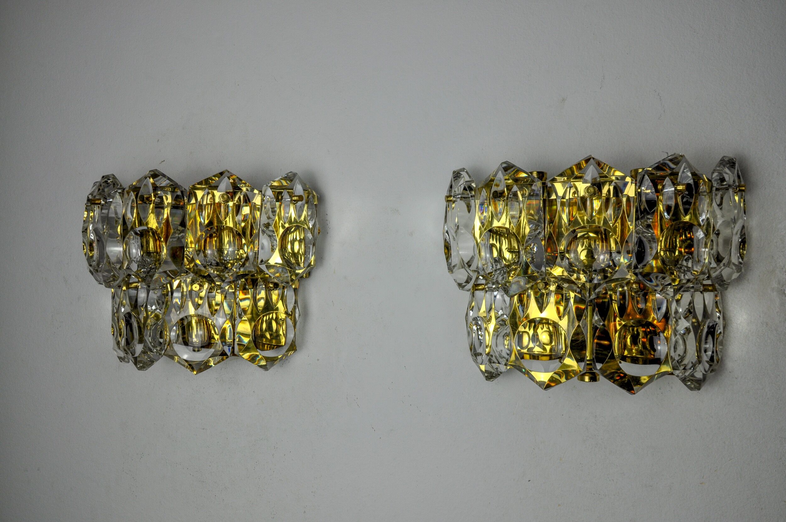 Pair of kinkeldey wall lamps, 2 levels, cut crystals germany, 1970