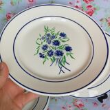 6 assiettes plates anciennes Badonviller francine fleurs bleues et vertes au pochoir