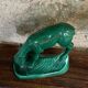Pair of deer in green enameled ceramic, slip, decorative, Stamped, Les Buissonnets
