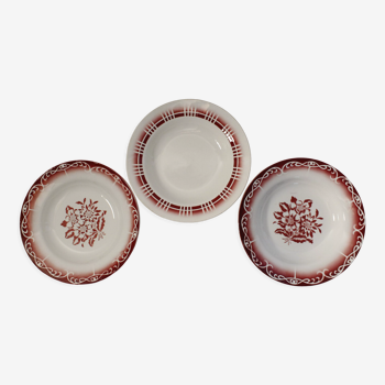 Lot de 3 assiettes creuses dépareillées  Digoin - Sarreguemines motifs rouge/bordeaux