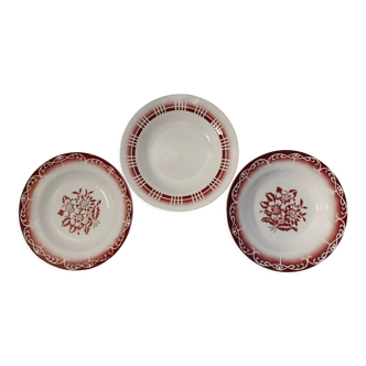 Set of 3 mismatched hollow plates Digoin - Sarreguemines patterns red/burgundy
