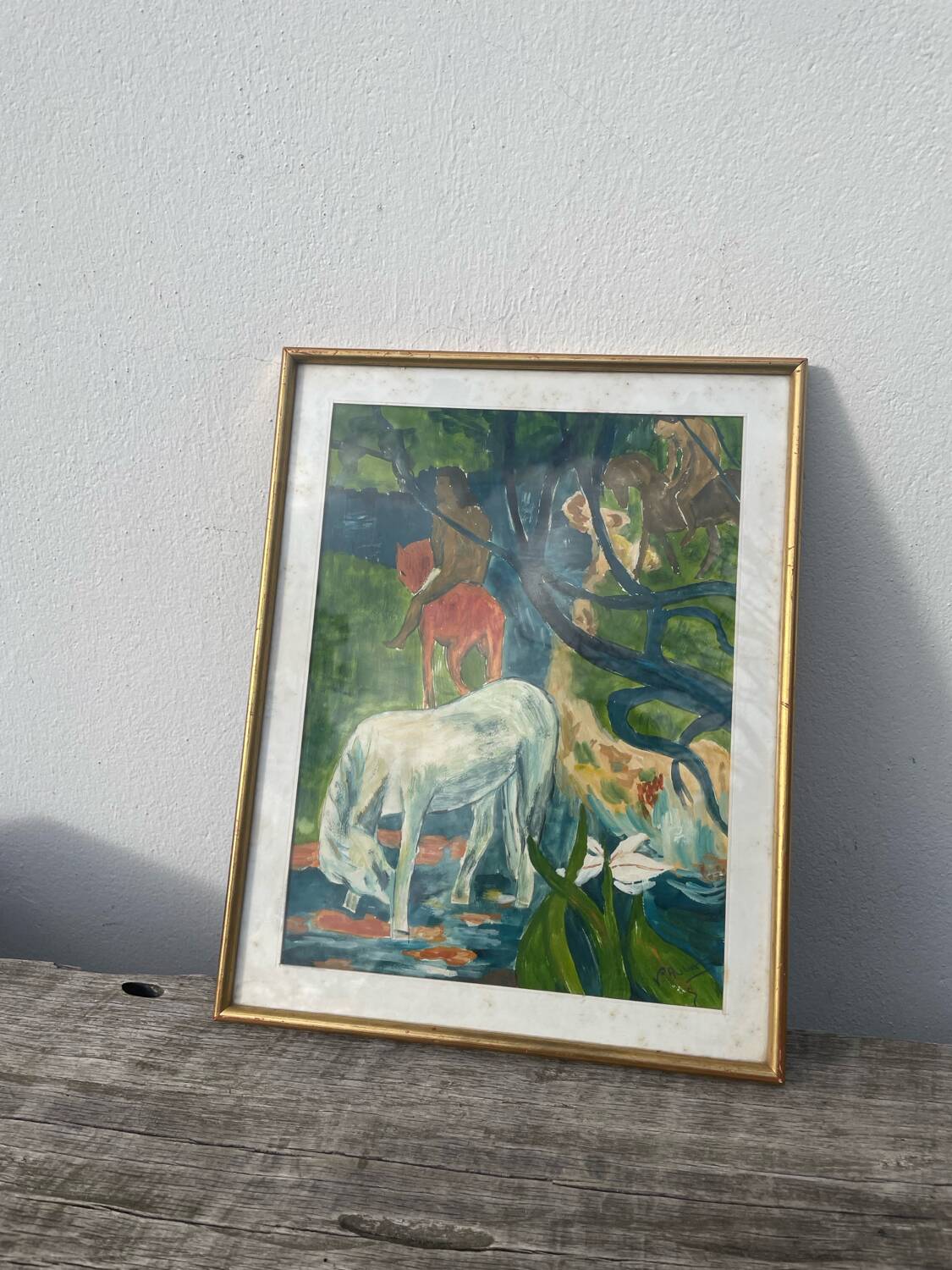 Gauguin style painting with gilded wooden frame