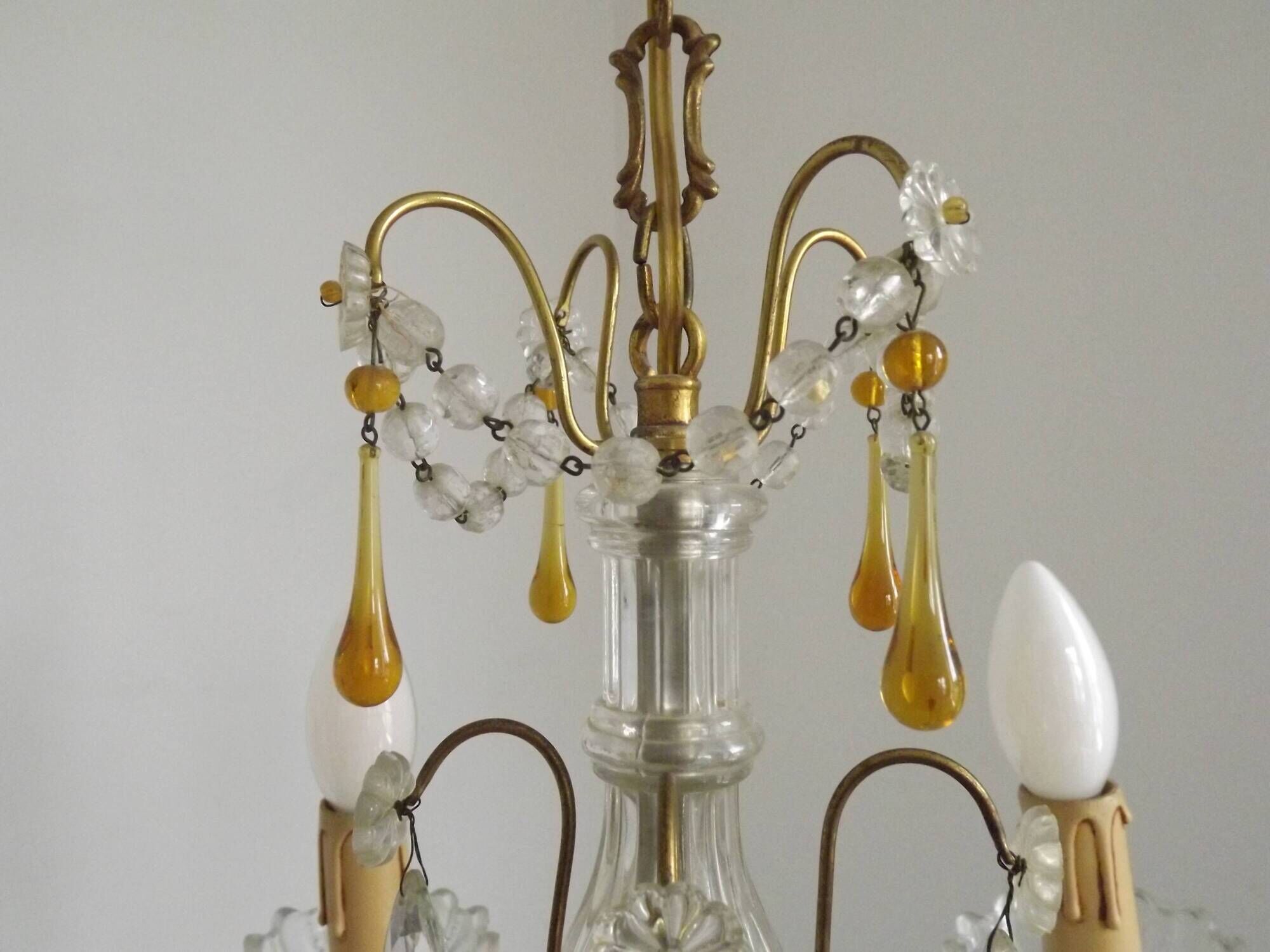 Vintage 4-Light Bronze, Glass & Crystal Chandelier with Amber Glass Drops