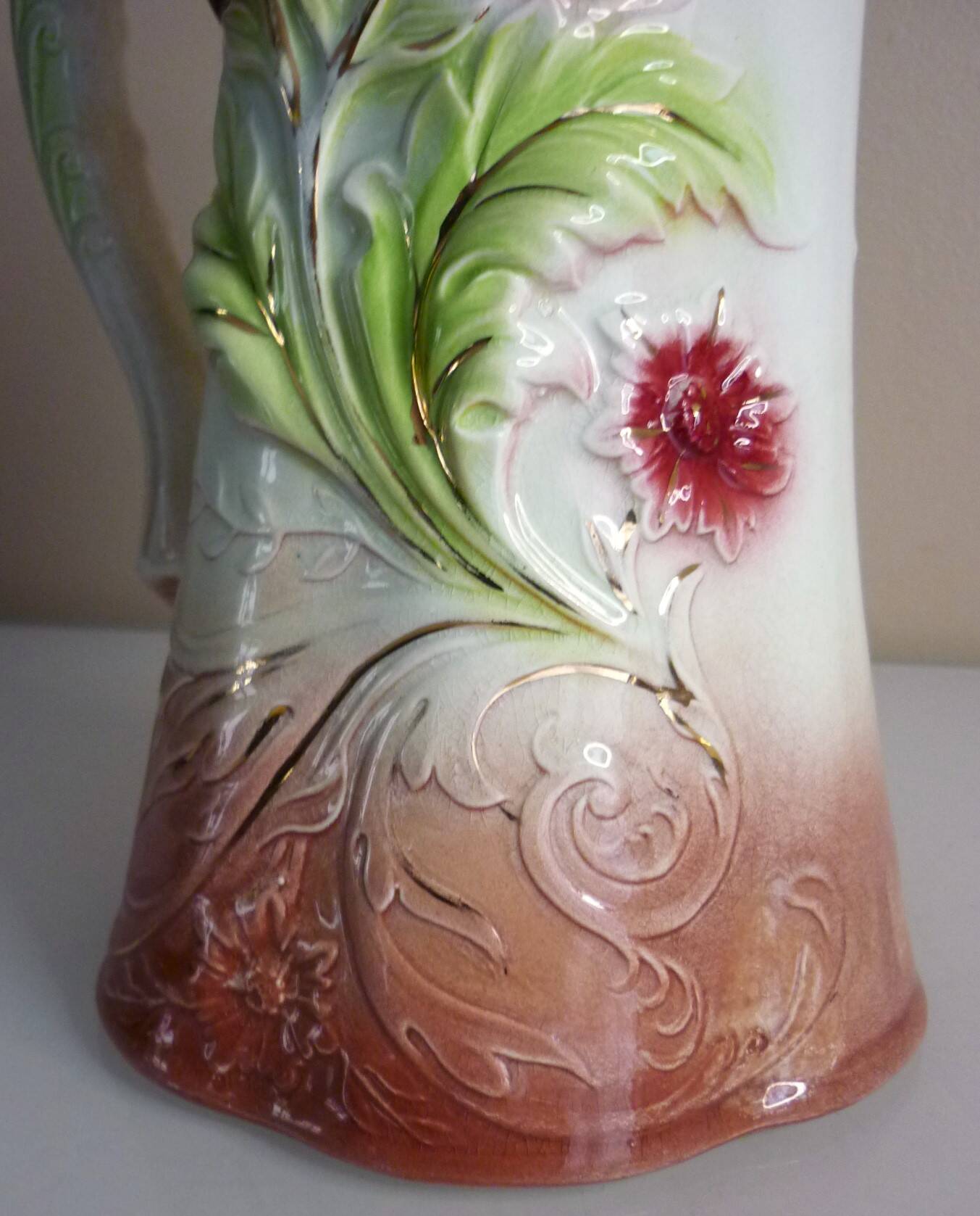 Barbotine pitcher, Onnaing earthenware, art nouveau ceramics, model no. 790