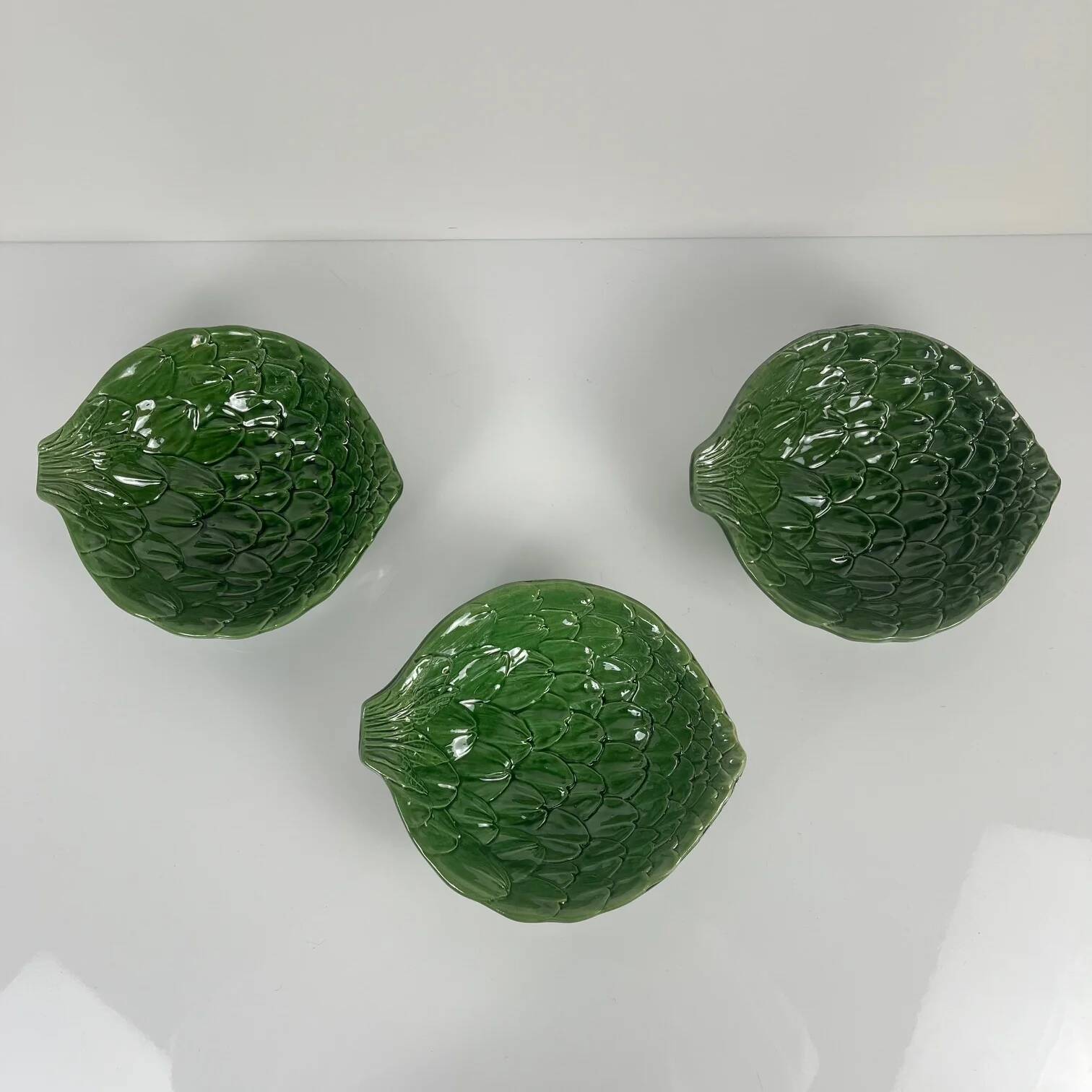 Set of 3 green leaf artichoke barbotine bowls vintage 70s