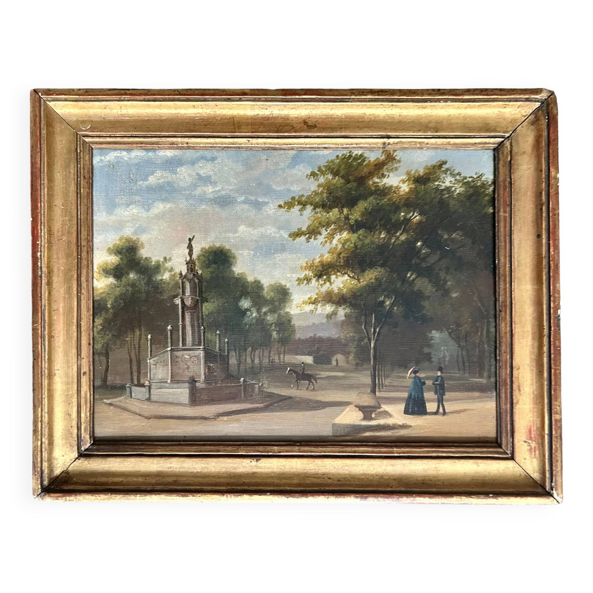 French oil painting from 1880s depicting a park promenade during Victorian era in Paris. Impressioni