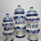 Set of three covered apothecary pots, Malva, Pinus, Salvia in glazed ceramic