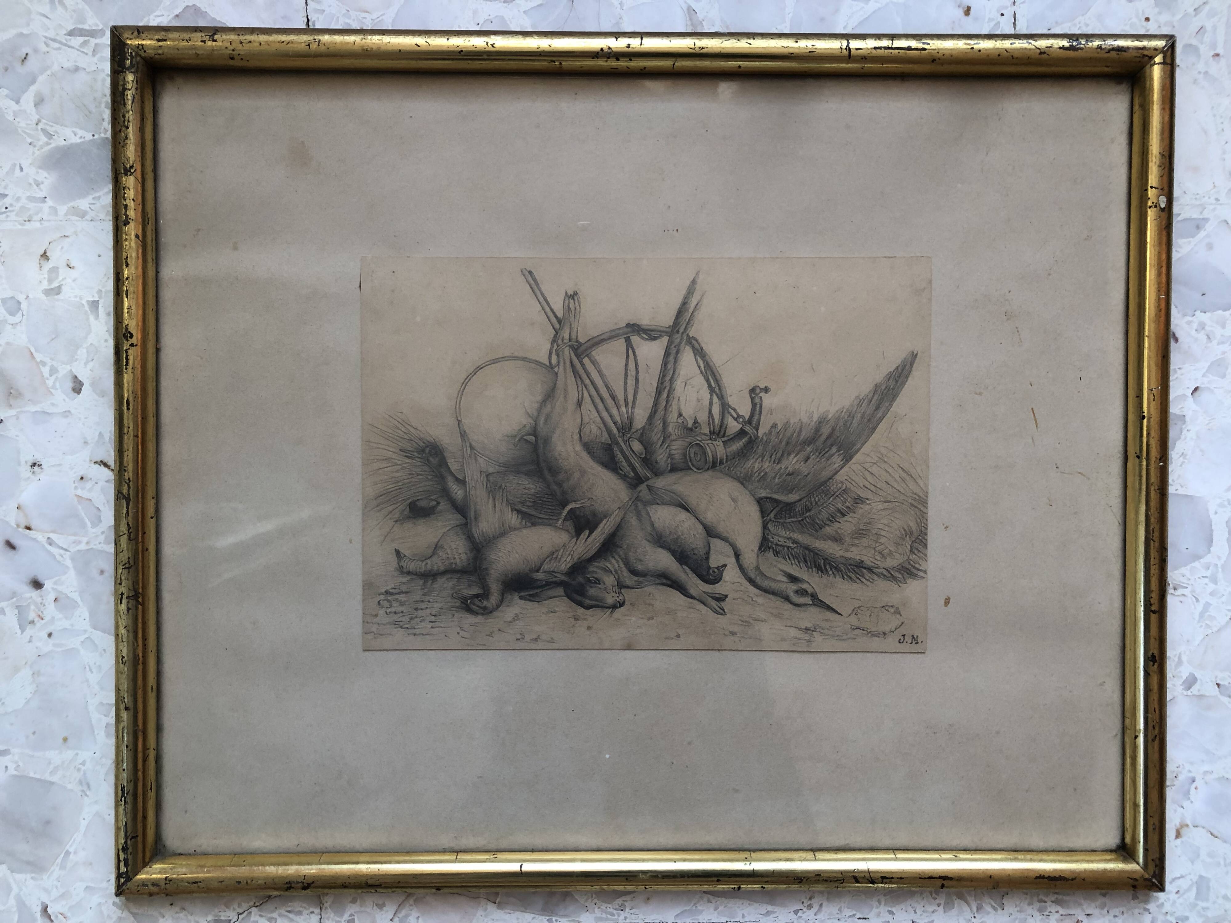 Drawing 1900 lead pencil still life hunting painting game trophy, signed jm, hunter