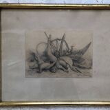 Drawing 1900 lead pencil still life hunting painting game trophy, signed jm, hunter