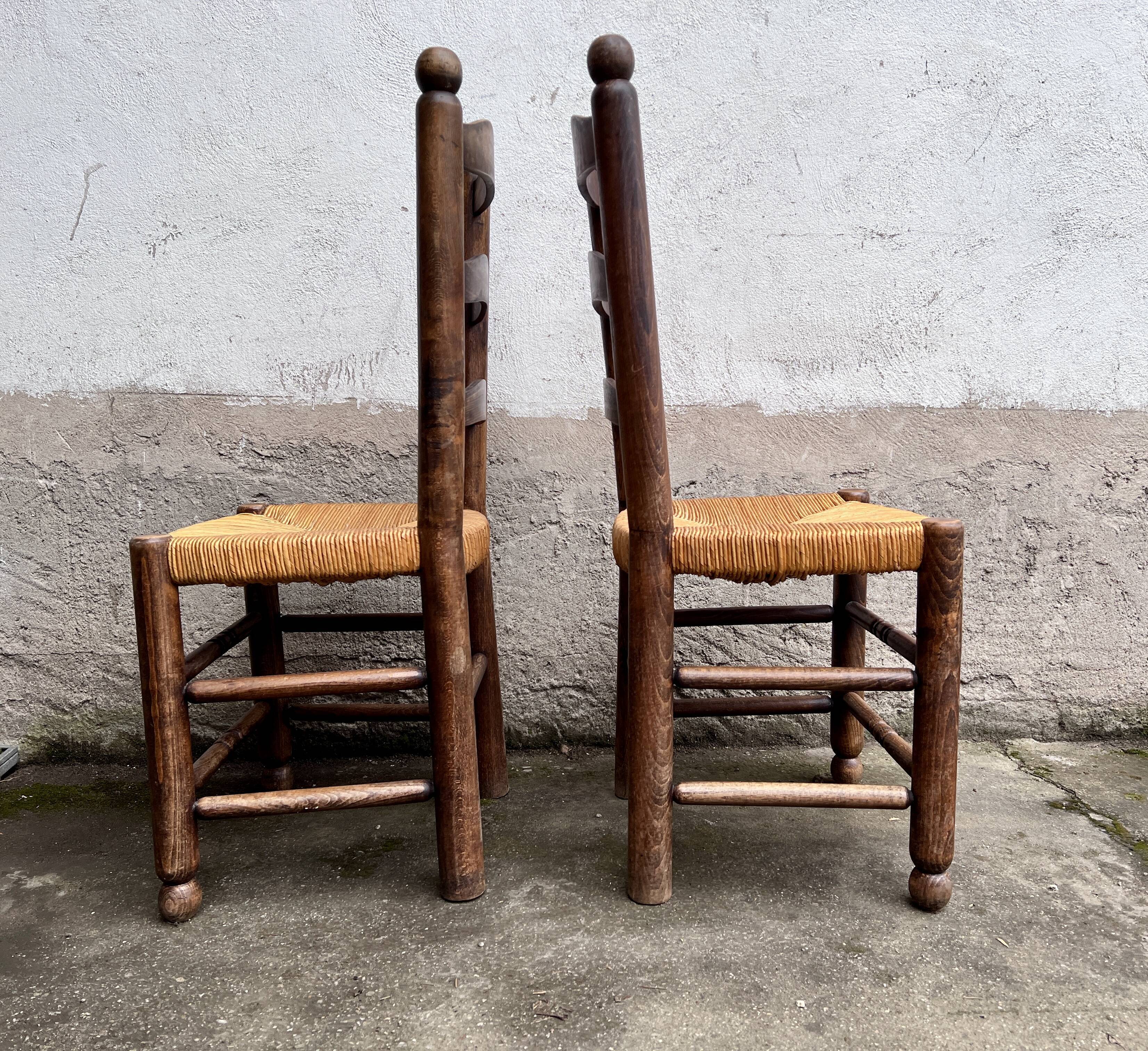 Pair of vintage Brutalist chairs made of wood and straw