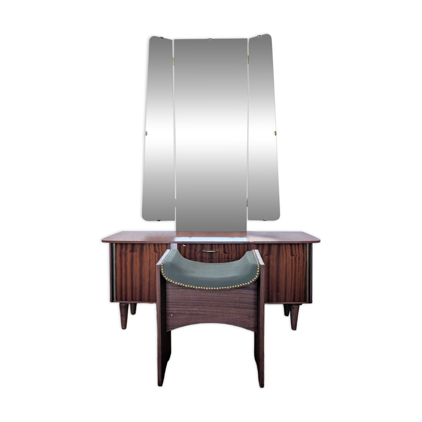 Vintage 70s dressing table with triptych mirror and matching bench.