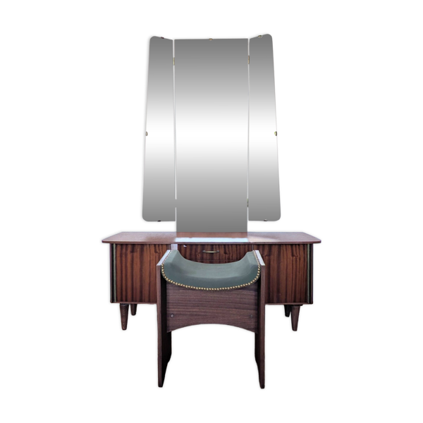 Coiffeuse vintage années 70 avec miroir triptyque & banc assorti