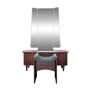 Coiffeuse vintage années 70 avec miroir triptyque & banc assorti