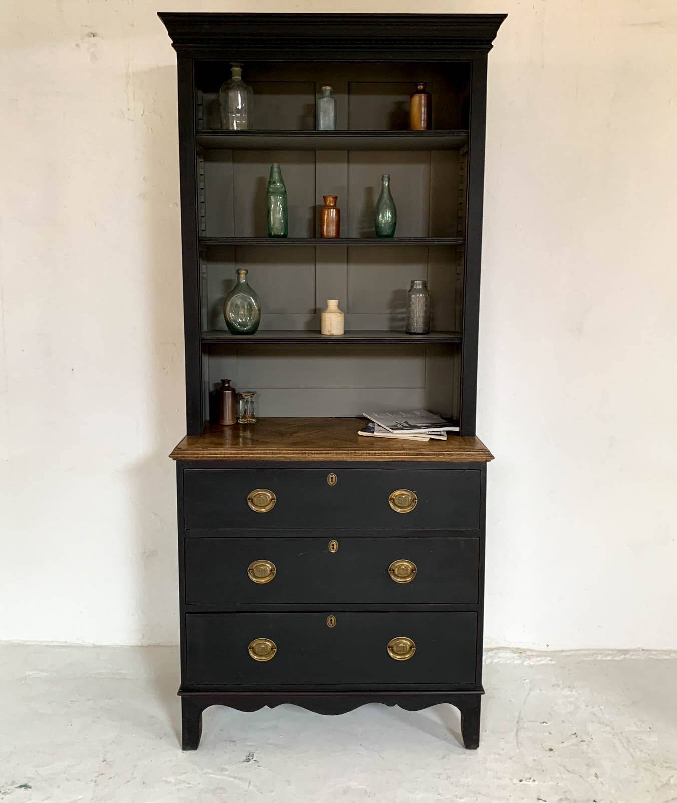 Antique black painted pine bookcase
