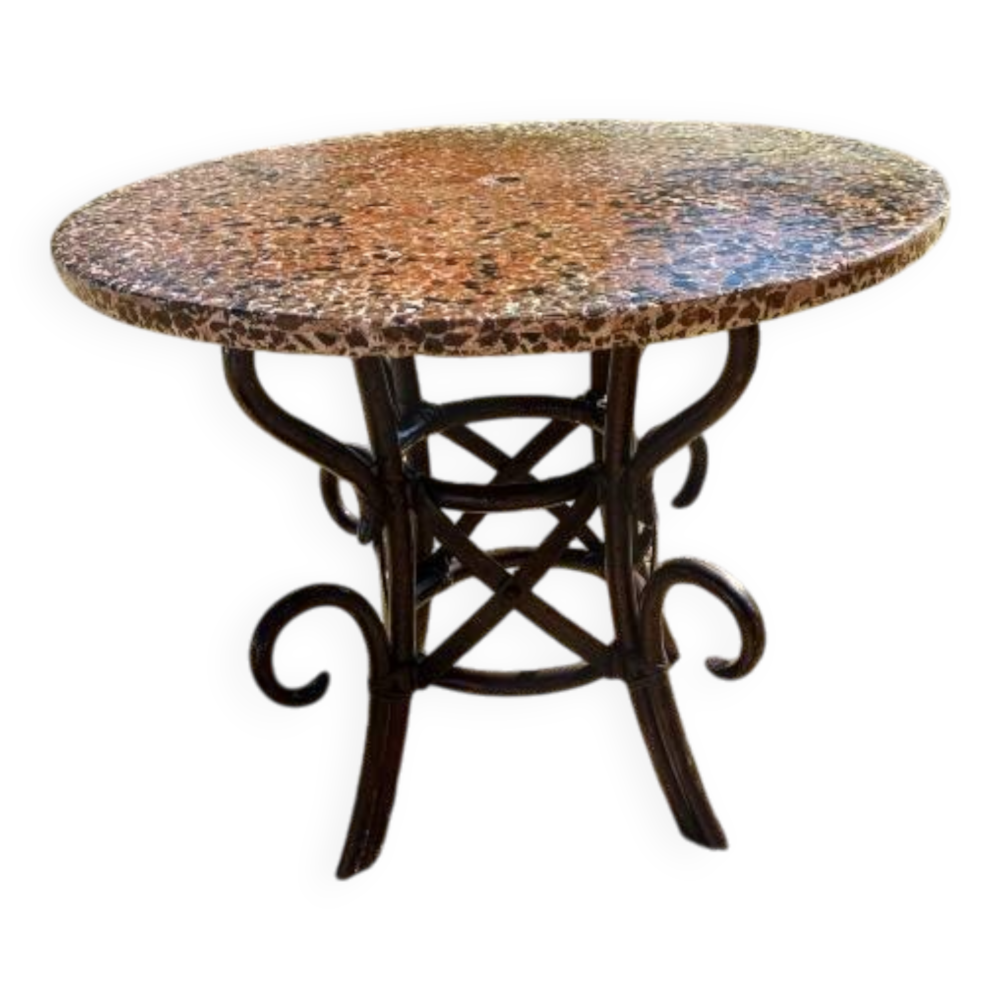 Vintage rattan table with reconstituted cement and stone top