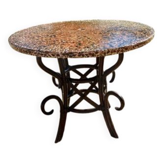 Vintage rattan table with reconstituted cement and stone top