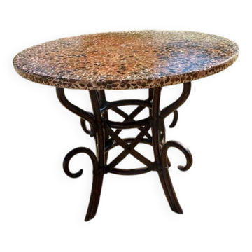 Vintage rattan table with reconstituted cement and stone top