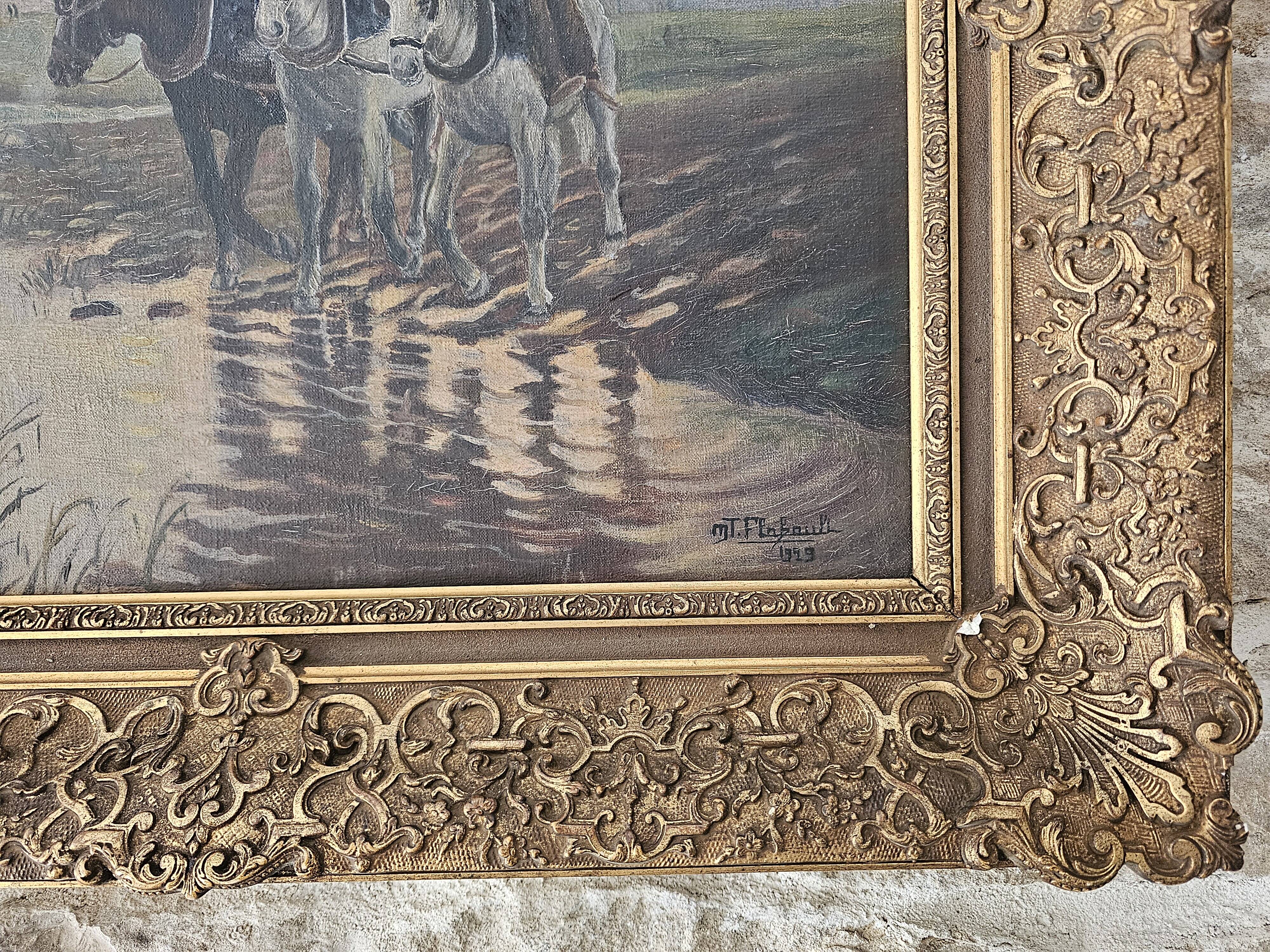Tableau Huile sur Toile Paysage chevaux ruisseau - Signé M.T. Flabault 1929
