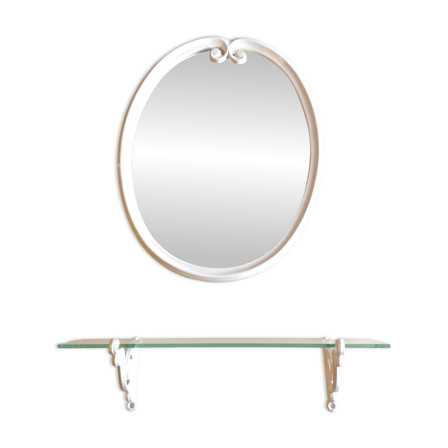 Miroir et tablette en fonte emaillée blanche / style art deco