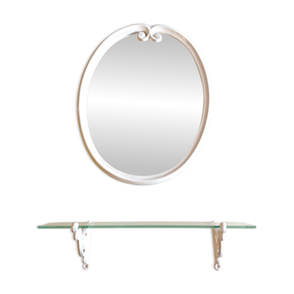 Miroir et tablette en fonte emaillée blanche / style art deco