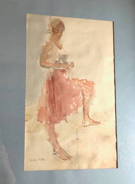 Elegant watercolor on paper depicting a young woman, signed George Bulter