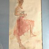 Elegant watercolor on paper depicting a young woman, signed George Bulter
