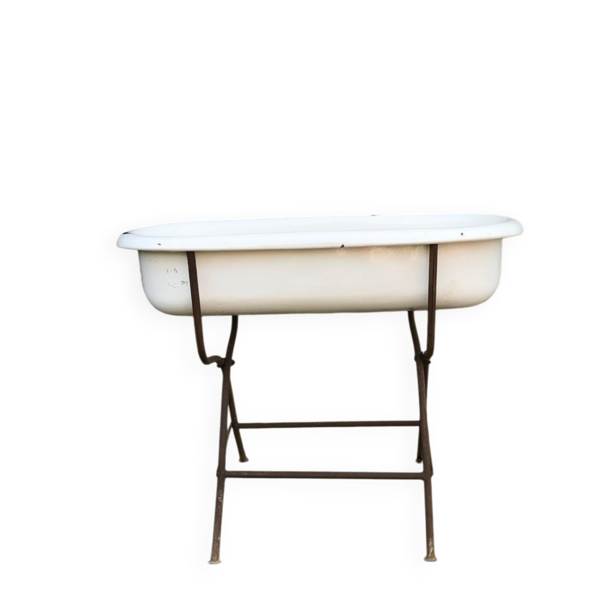 Vintage white enamelled iron jardinière with tubular legs - 1930s