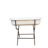Vintage white enamelled iron jardinière with tubular legs - 1930s