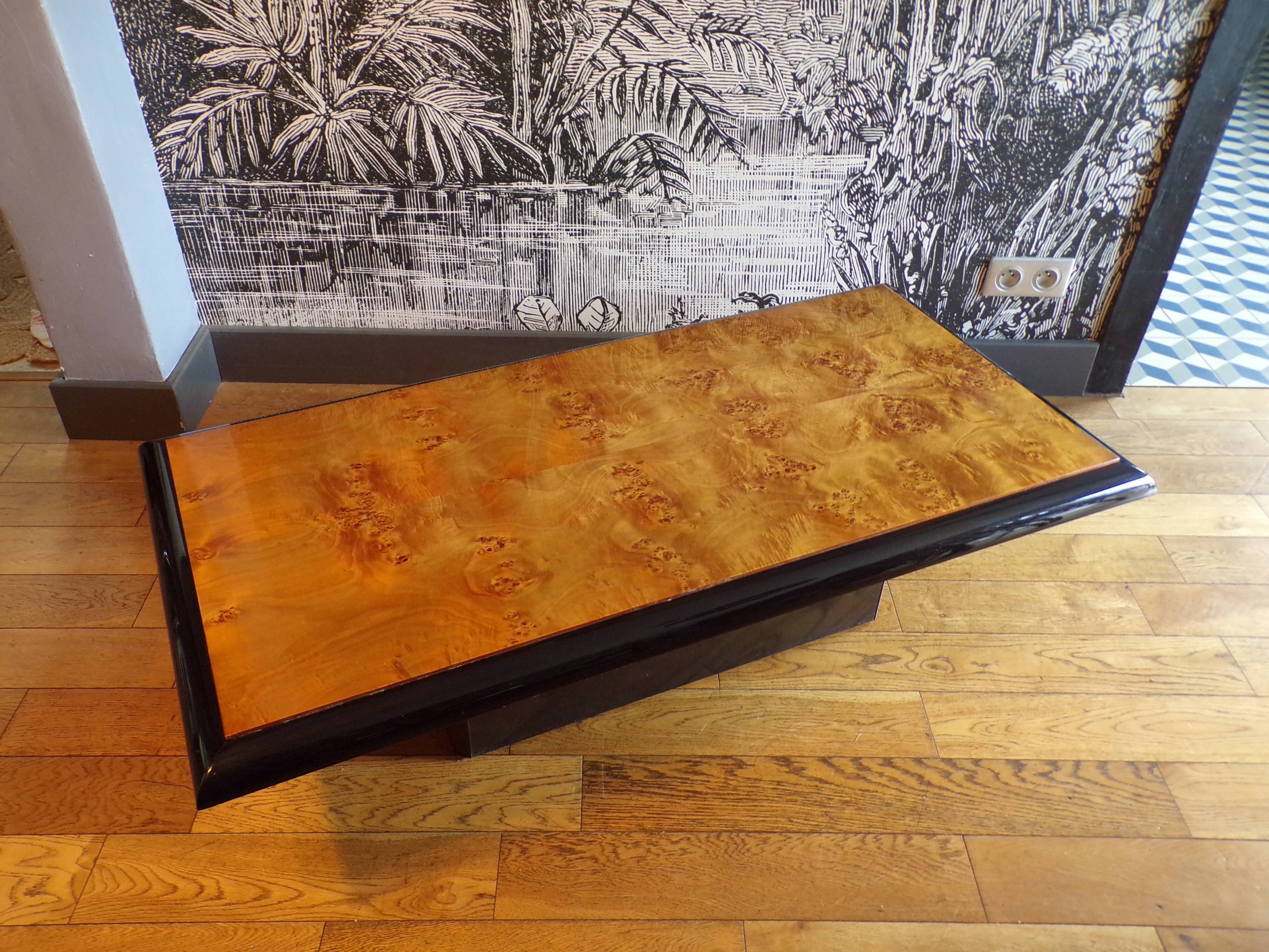 1970 coffee table in elm burl and lacquer