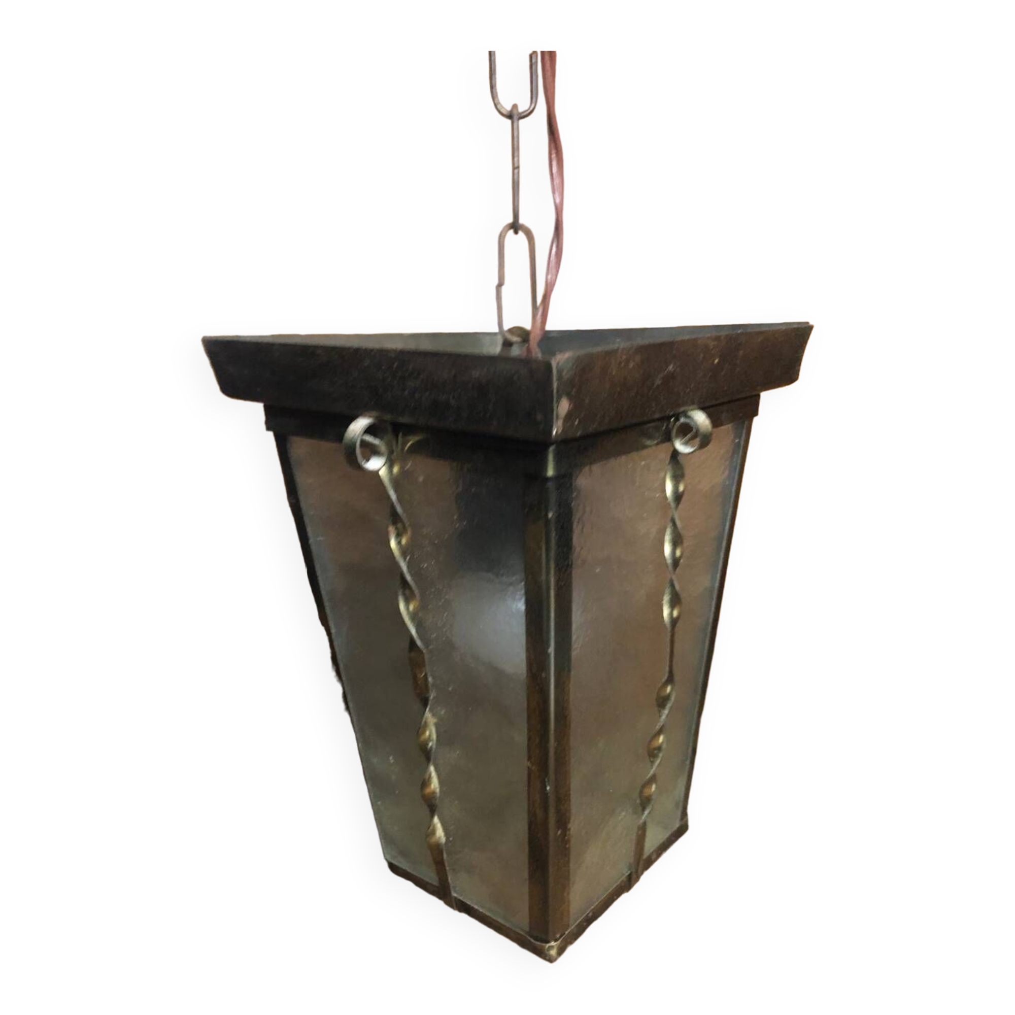 Old brass lantern pendant lamp + vintage glass plate #a592