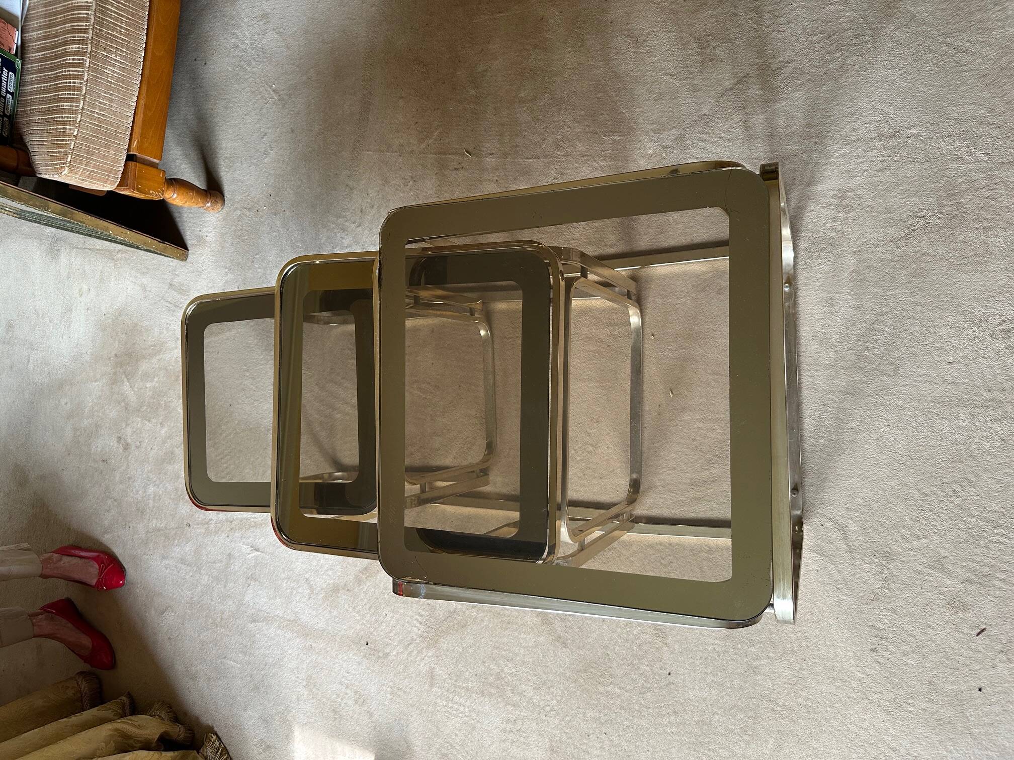 Brass nesting tables with smoked glass tops