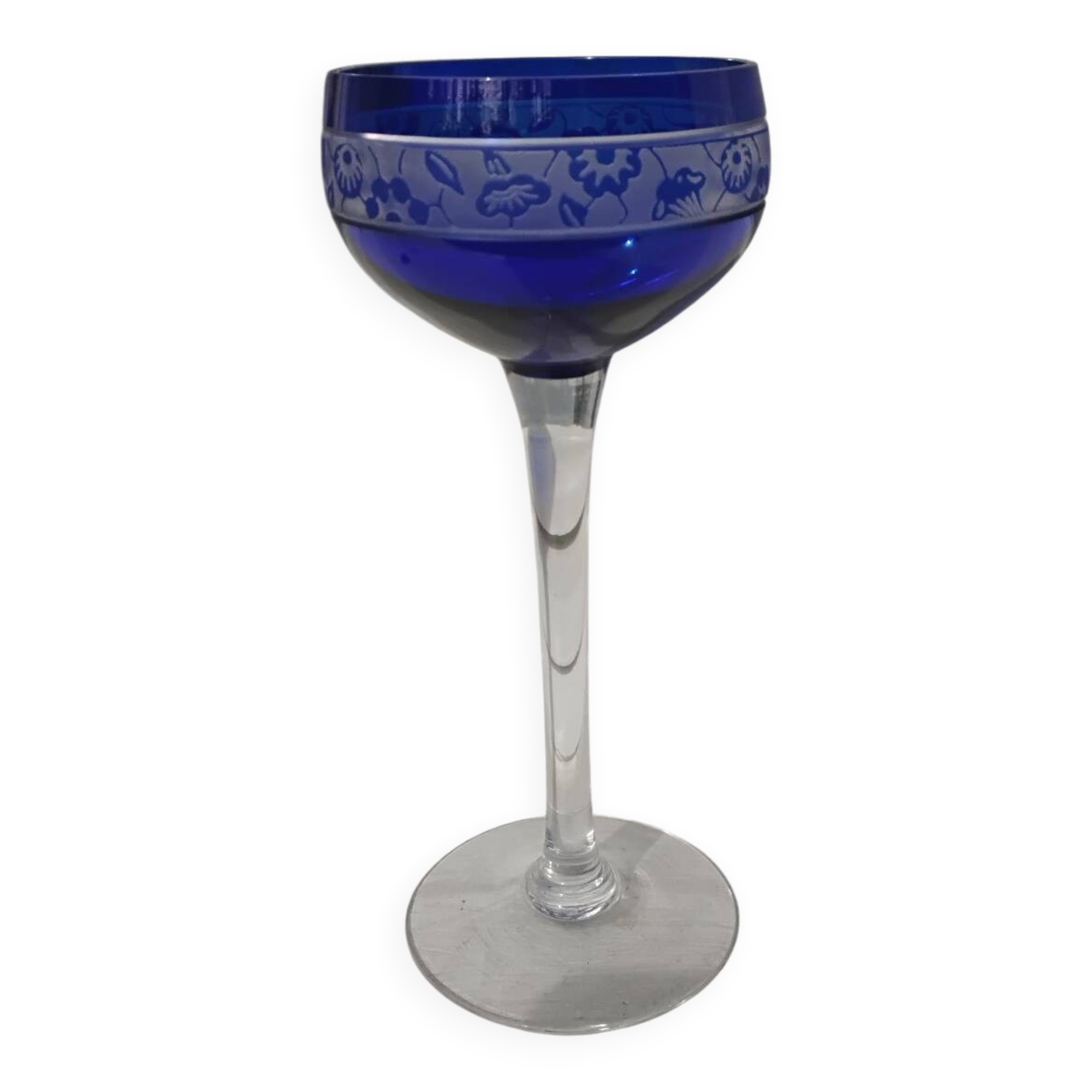 Verre à vin 14cl cristal de Nancy Houillon doublé bleu frise florale