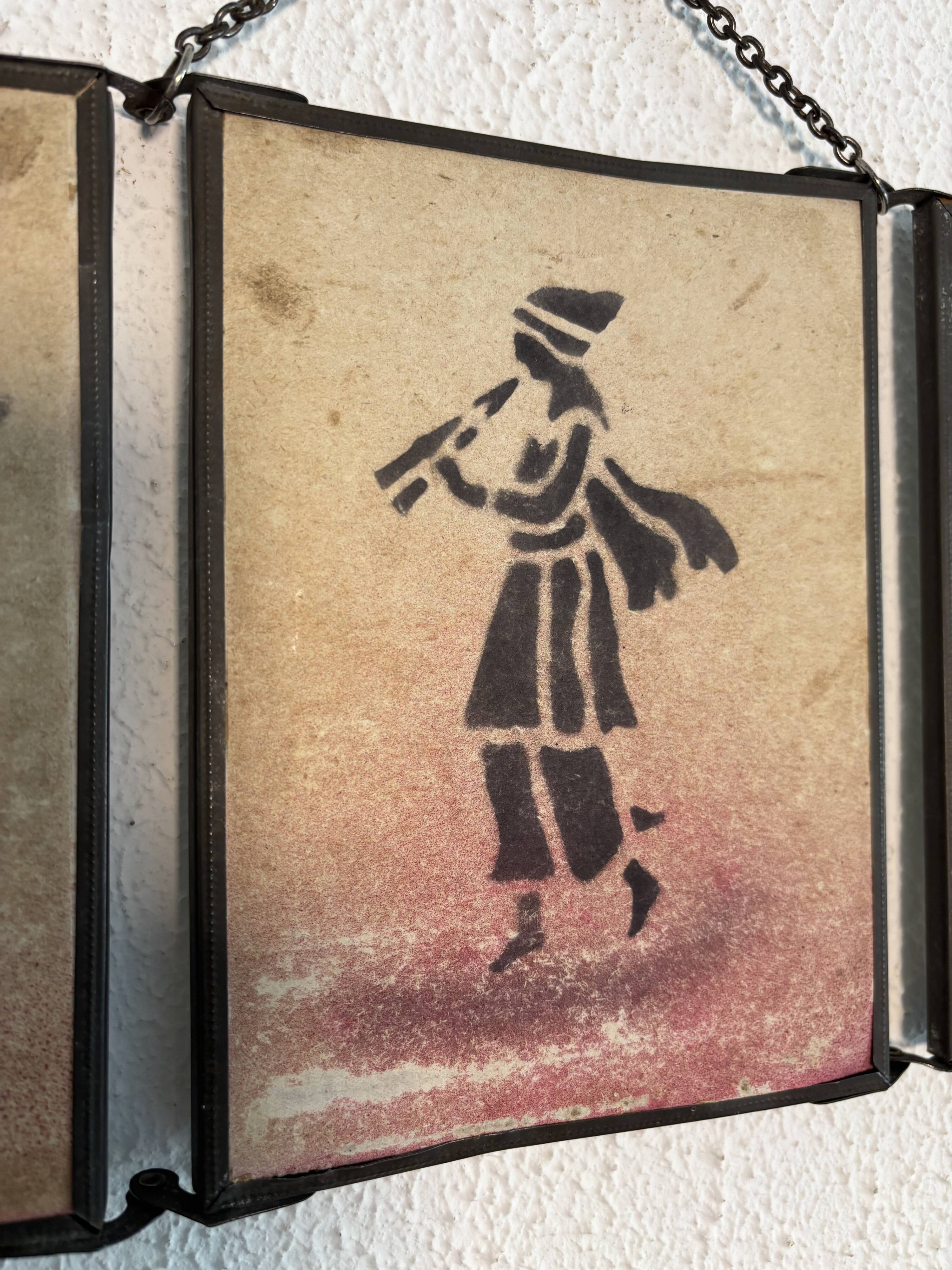 Vintage 1930s triptych mirror depicting a barber, hairdresser, and young dancer