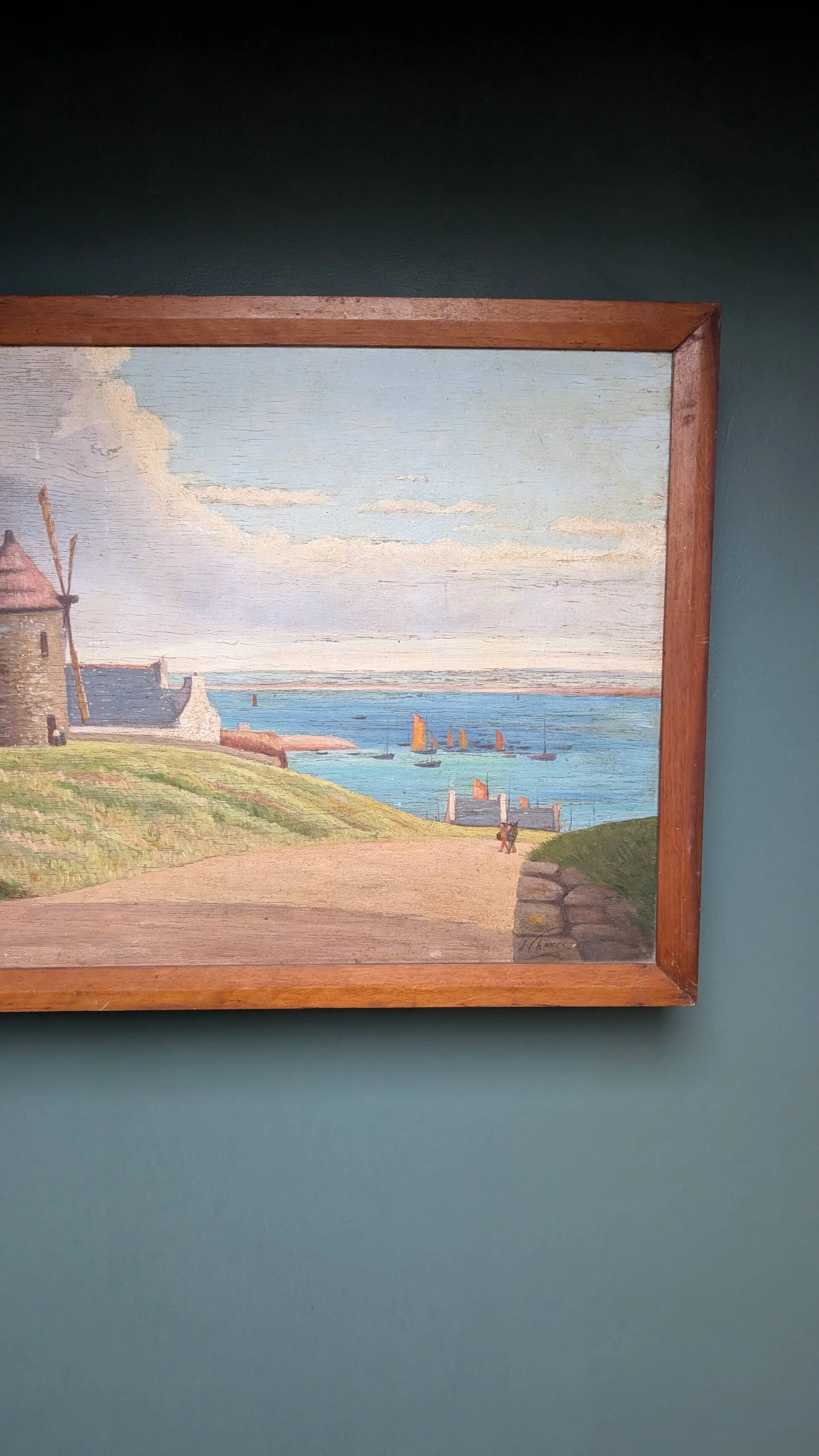 Tableau en bois - Marine au moulin