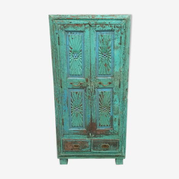 Ancienne armoire en bois vert 2 portes et 2 tiroirs