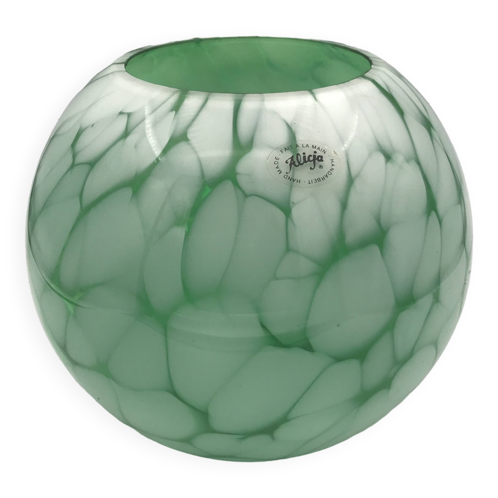 Vintage glass vase ball shape handmade alicja green and white
