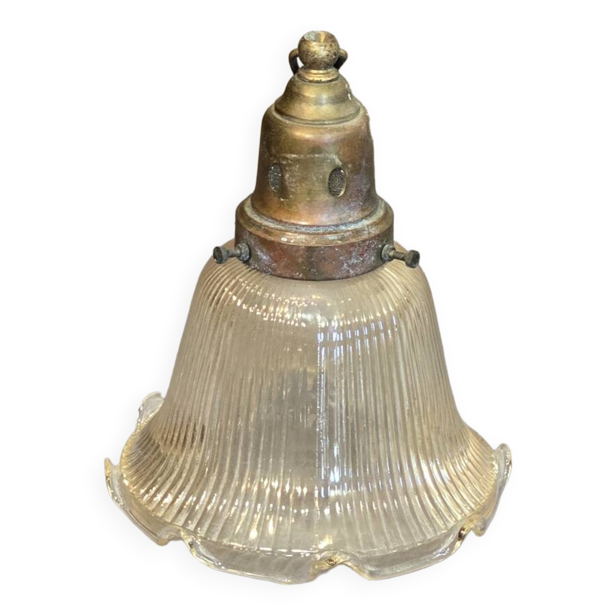 Holophane glass and brass suspension